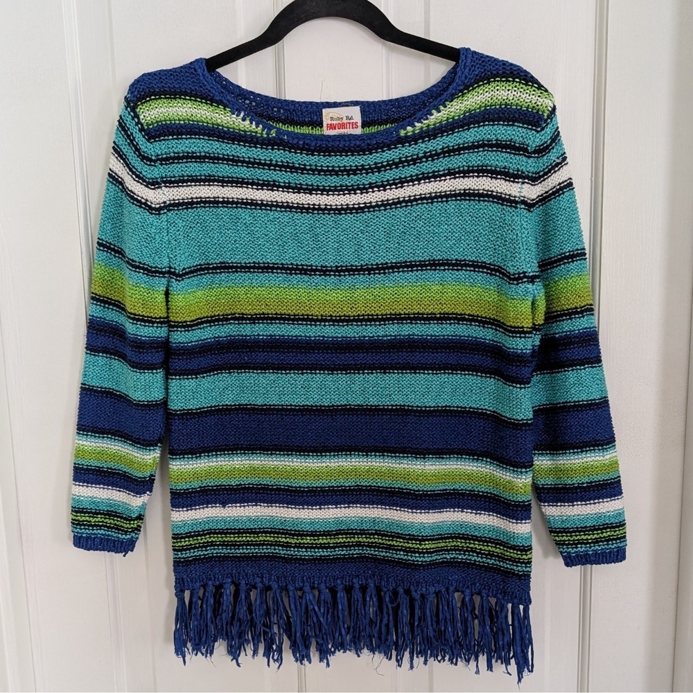 Ruby Red Favorites Womens Boho‎ Striped Sweater SMALL PET Indie Hippie Fringe